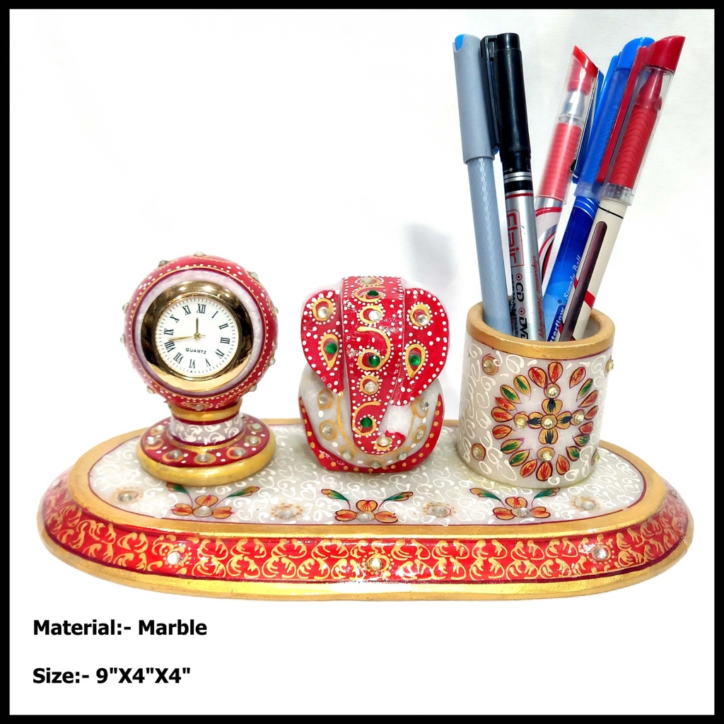 Marble Desk Organiser with Ganesha, Clock and Pen Stand