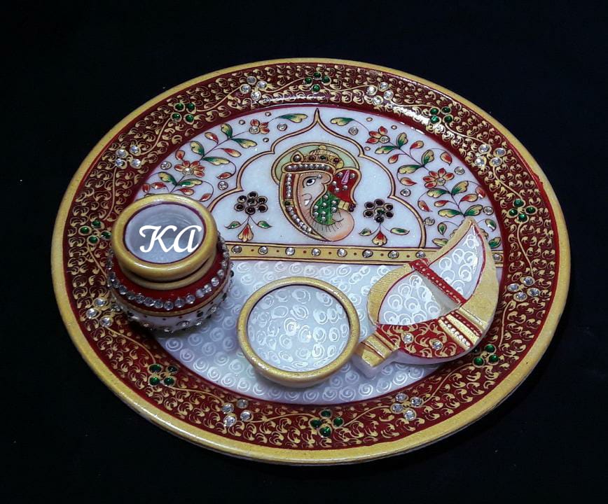 Marble Puja Plate With Ganesha, Diya, Kumkum 