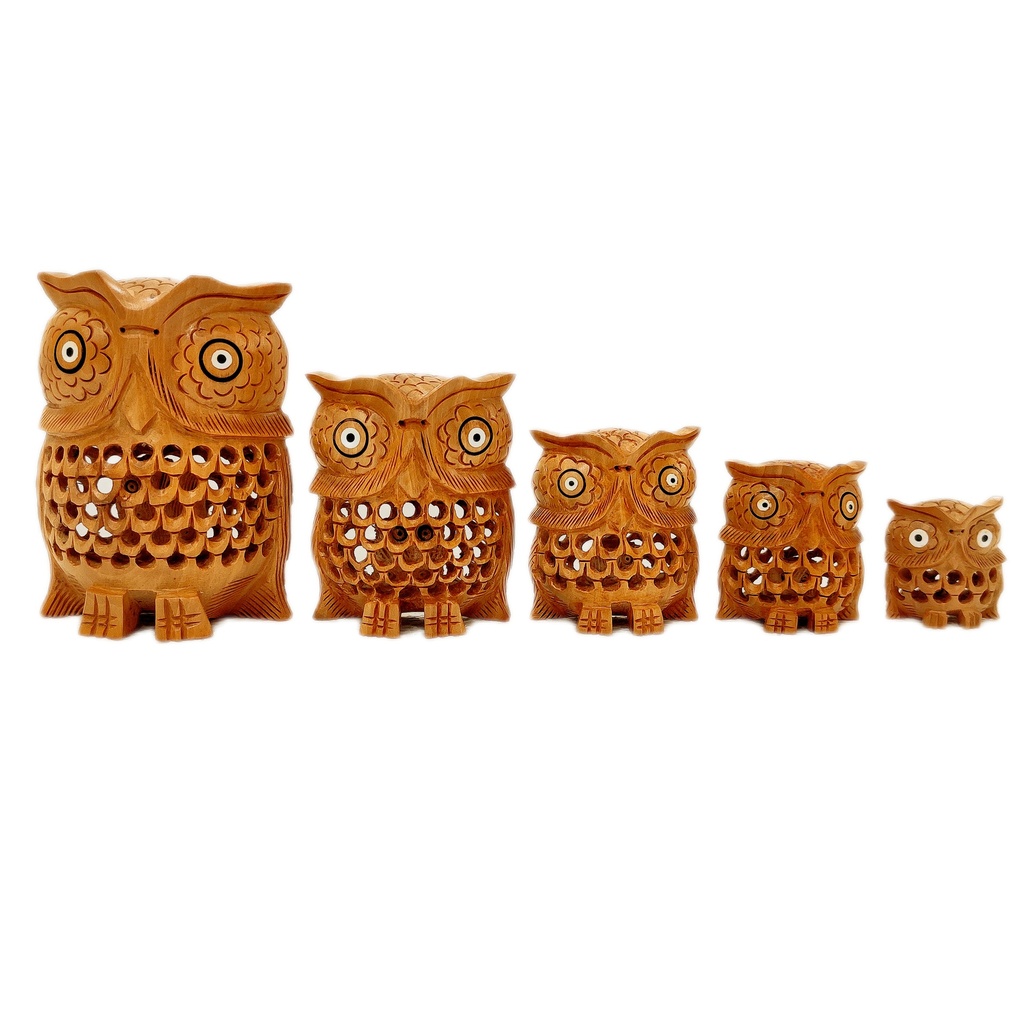 Wooden Carving Owl Set of 4