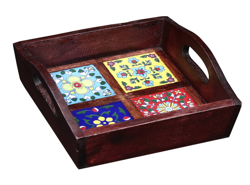 WOODEN Tray with 4 Colourful Tiles