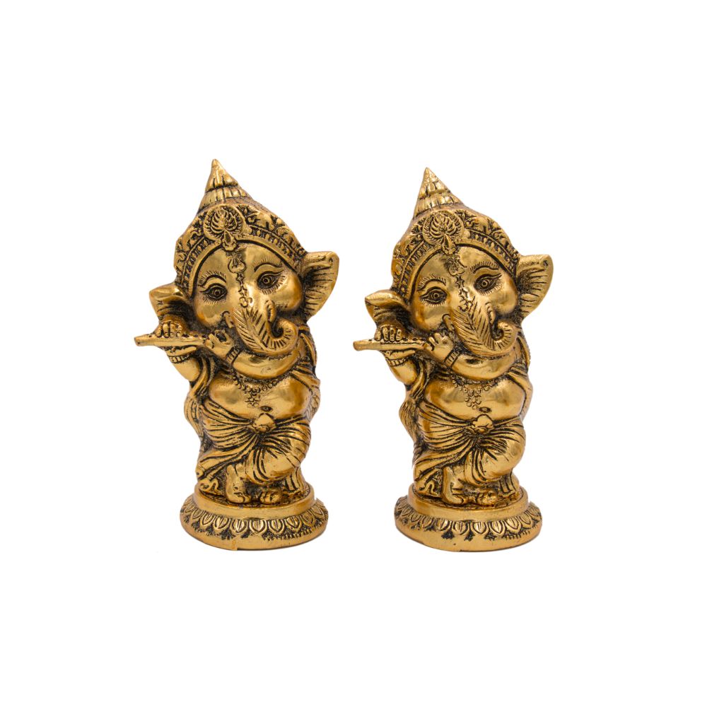  Metal Ganesha Playing Bansuri Set of 2