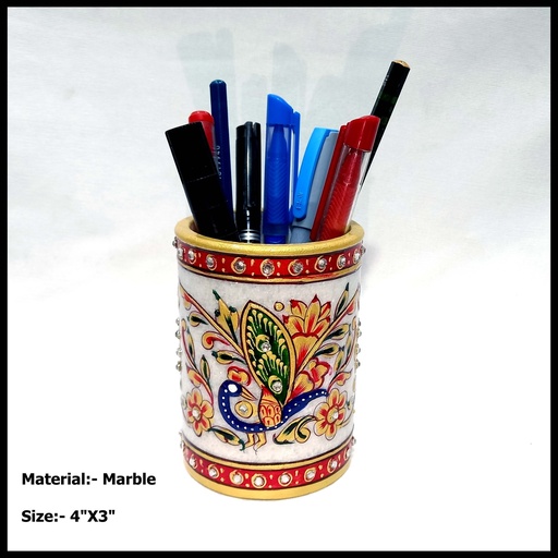 [Marble Showpieces] Marble Pen Stand With Fine Emboss Work