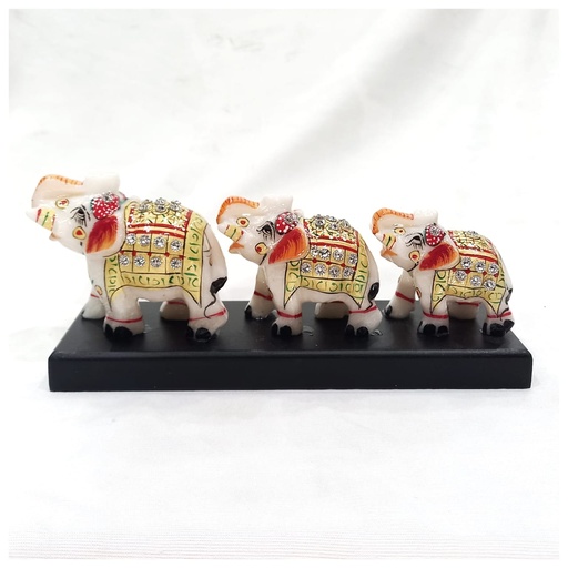 [Marble Showpieces] Marble Three Elephant on Wooden Base 8x3 inch