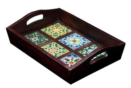 [Wooden Emboss] Wooden Tray With 6 Colourful Ceremic Tiles  