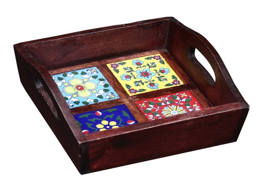 [Wooden Emboss] WOODEN Tray with 4 Colourful Tiles