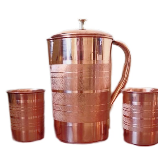 Copper Jug with Lid and Two Glasses